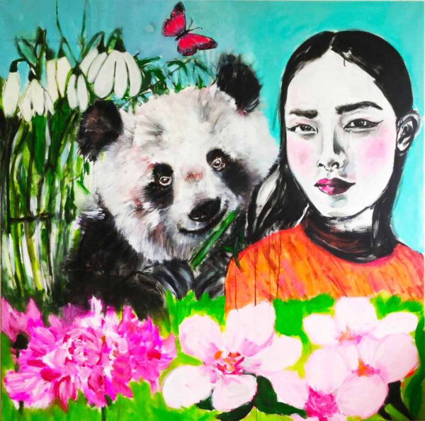 Gemaltes Acrylbild XXL. Großes Leinwandbild mit Mädchen und Panda.