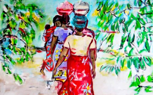Bild Wohnzimmer. Moderner Kunstdruck von gemaltem Leinwandbild. Buntes Afrika Motiv.