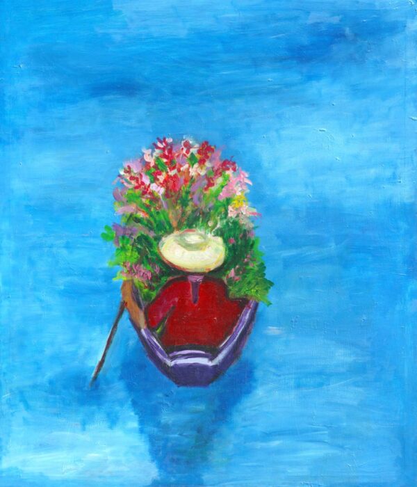 Küchenbild. Moderner Kunstdruck. Leinwandbild, Boot, Bunte Blumen. Wasser