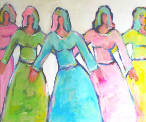 Wohnzimmer Bild. Buntes Leinwandbild XXL. Tanzende Frauen mit Acryl gemalt.
