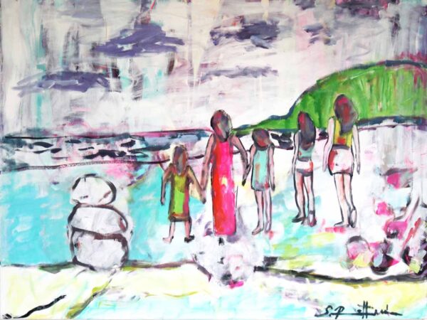 Abstrakt Gemälde.Gemaltes Acrylbild. Frauen und Kinder am Strand.