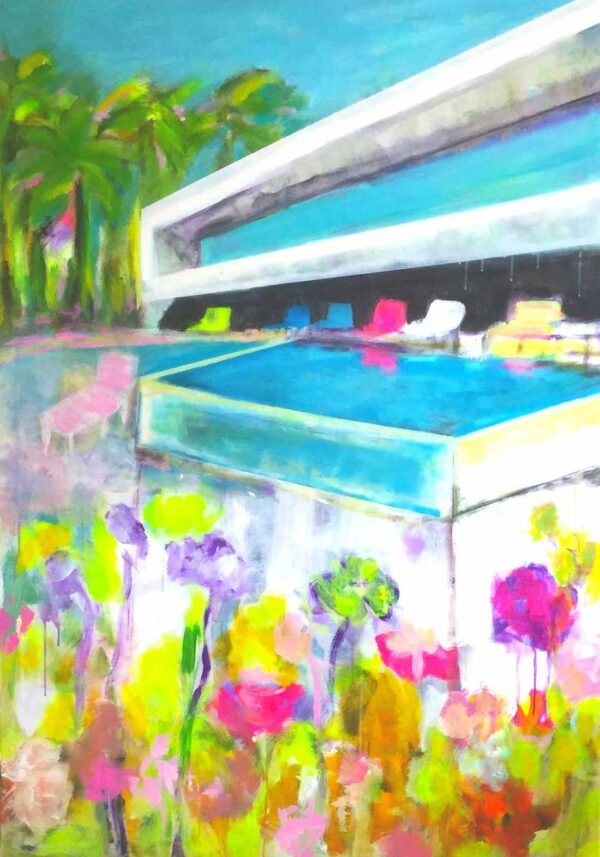 Modernes Bild für Wohnzimmer. Gelbe, orange, rote, pink farbige Blumen und Blüten. Bauhaus Motiv mit Swimmingpool als gedrucktes Bild auf Leinwand. Leinwanddruck Bild auf Keilrahmen gespannt.