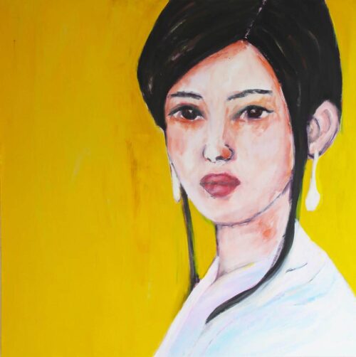 Portrait Kunstdruck. Modernes Wandbild mit Frau. Leinwandbild gelb.