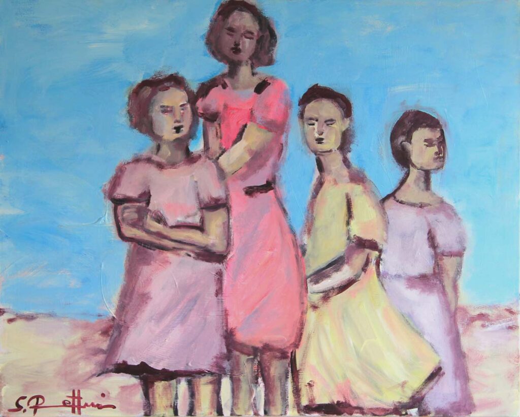 Sonniges Frauen Gemälde. Gemaltes Acryl Bild mit jungen Frauen.