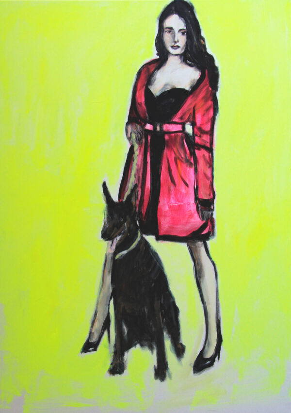 Bild modern. Zeitgenössisches Gemälde. Junge Frau mit Hund auf Leinwand gemalt.