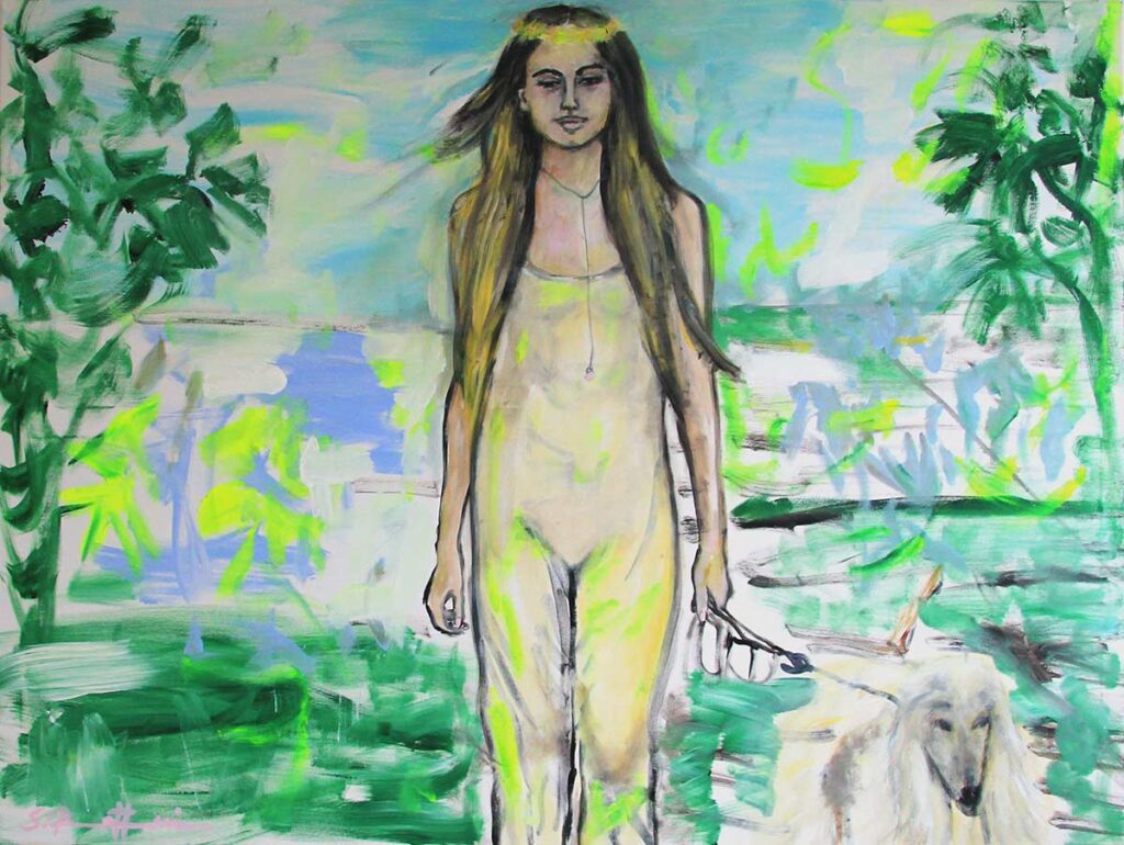 Bild grün gemalt auf Leinwand. Modernes Acrylbild mit Frau und Hund.