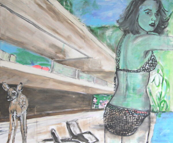 Acrylbild XXL. Grosses Gemälde mit Swimming Pool und junger Frau.